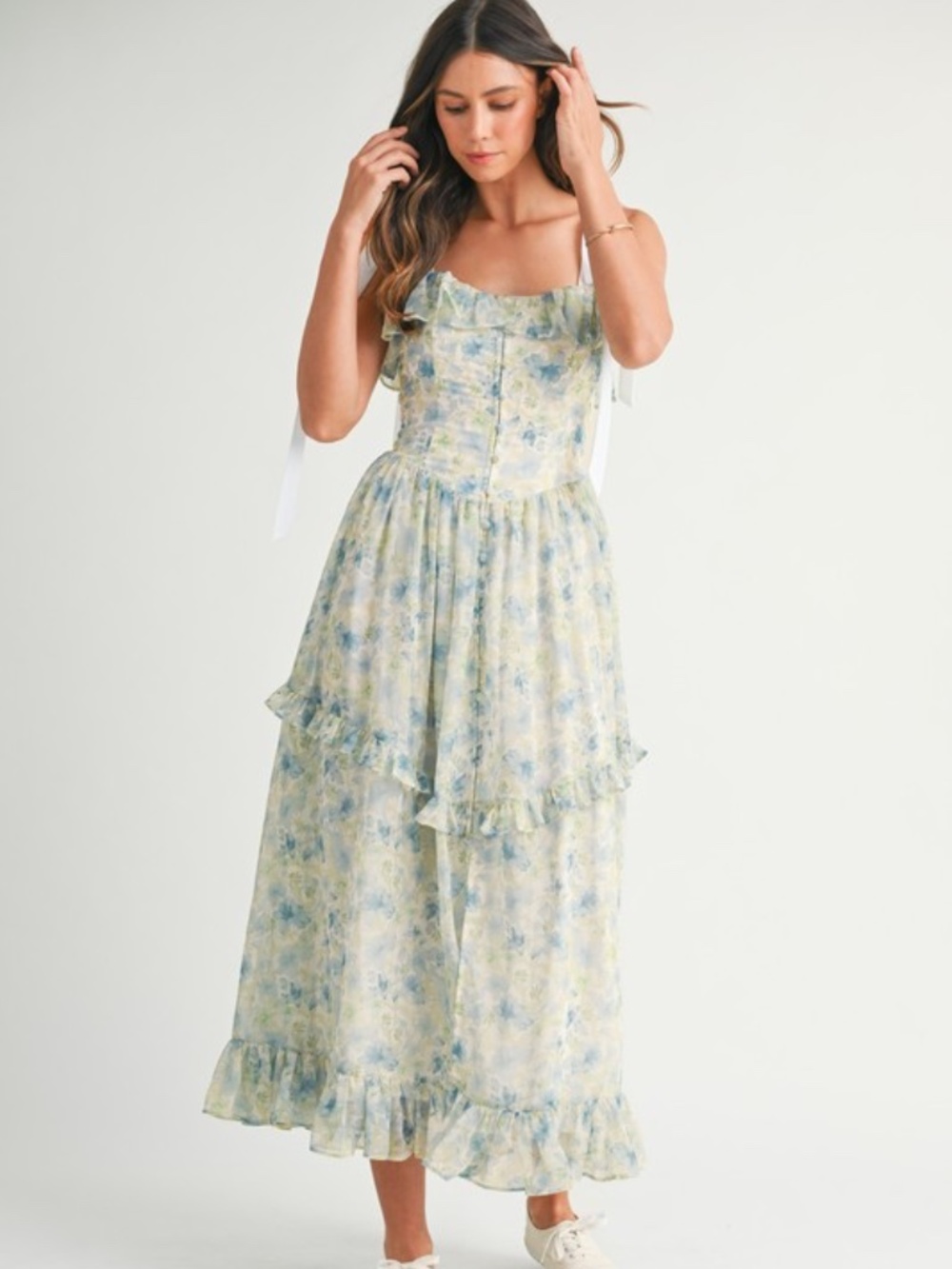 Floral Printed Shoulder Strap Midi Dress